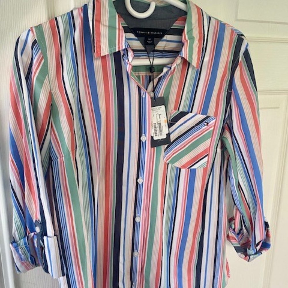 Tommy Hilfiger Women's Cotton 3/4 Sleeve Button Up Multi Color Striped